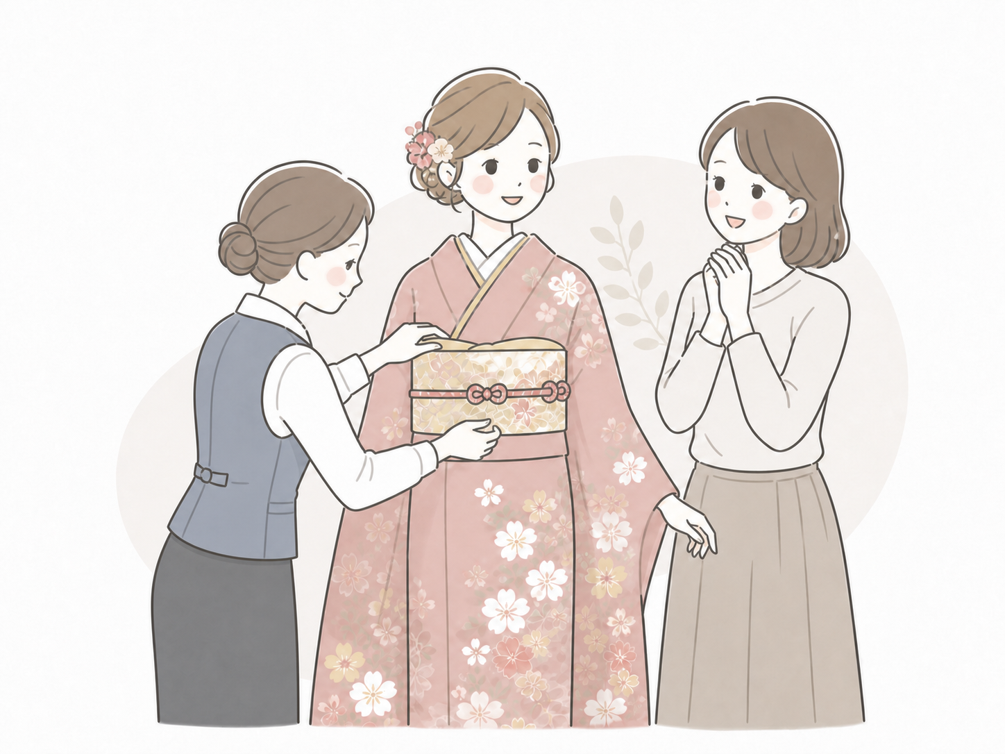 お母様とスタッフと一緒に振袖を試着する様子